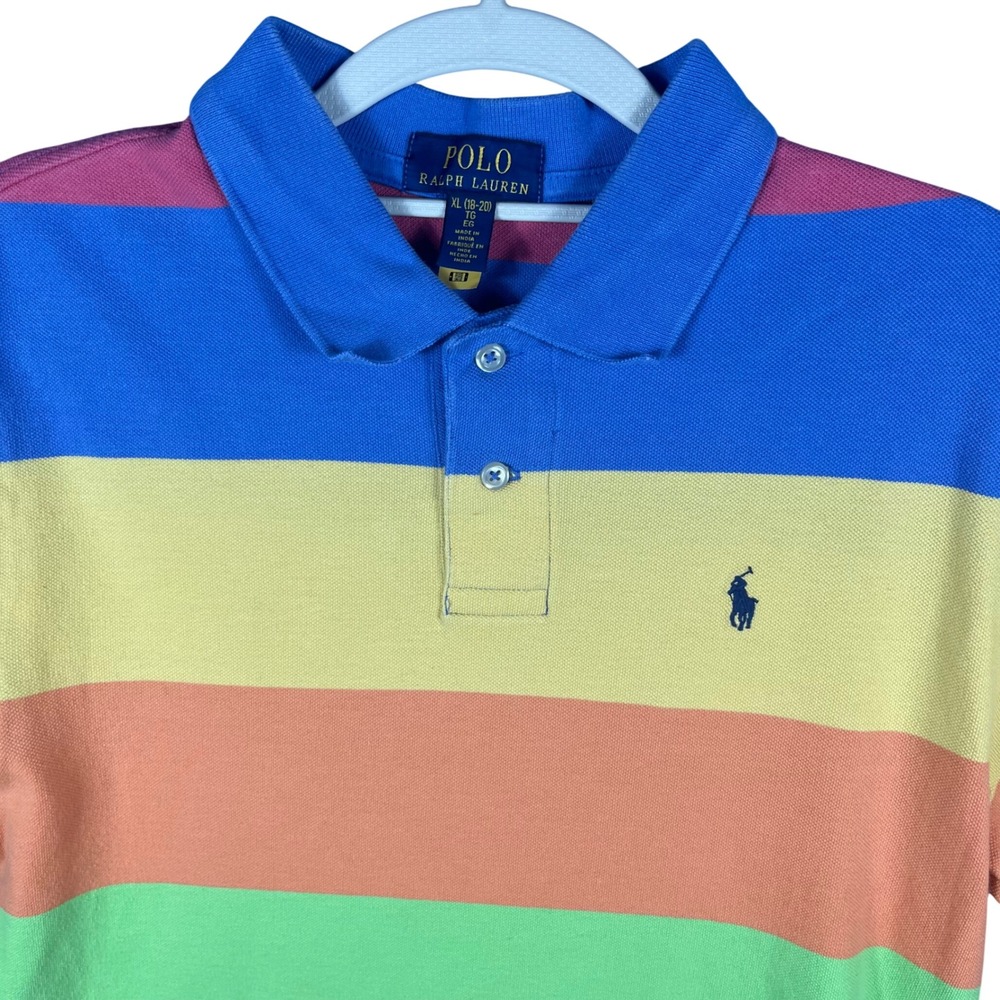 Polo Ralph Lauren Polo Shirt Boys XL 18-20 Multi Color Stripe Short Sleeve Mesh